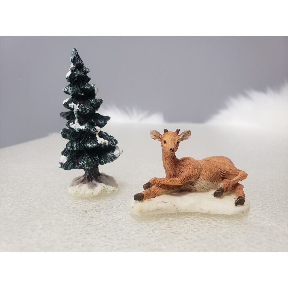 Lemax Christmas Village Vintage Deer Fawn Sitting Resting Evergreen Tree LOT 2โ